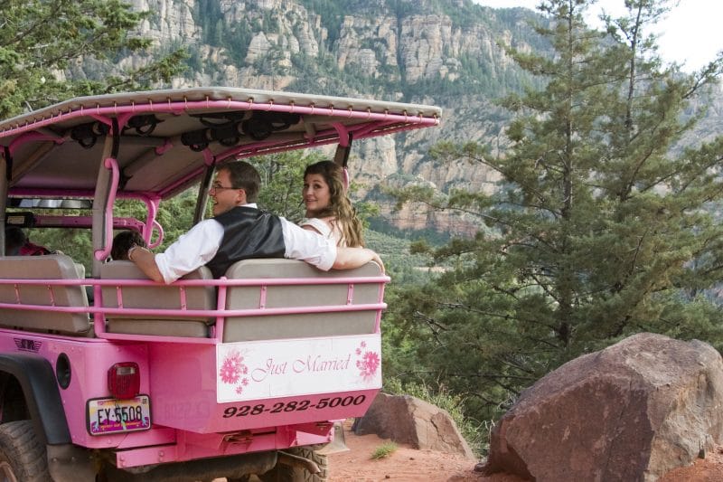 Pink Jeep Sedona wedding to Merry Go Round Rock