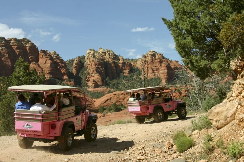 Pink Jeep Sedona wedding to Merry Go Round Rock
